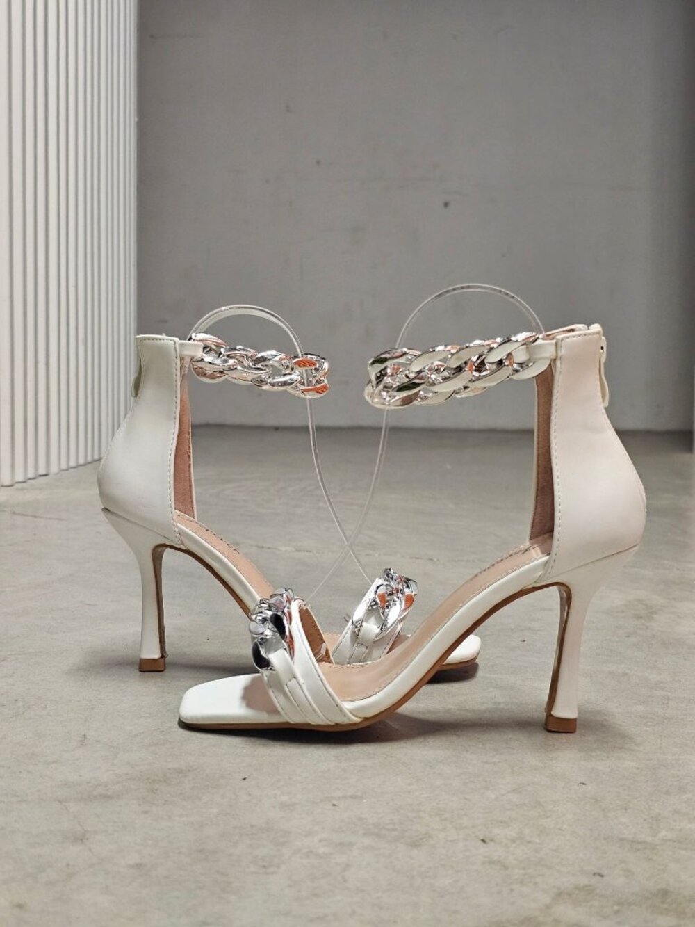 Chain-Detail White High Heel Sandals With Ankle Strap For Women